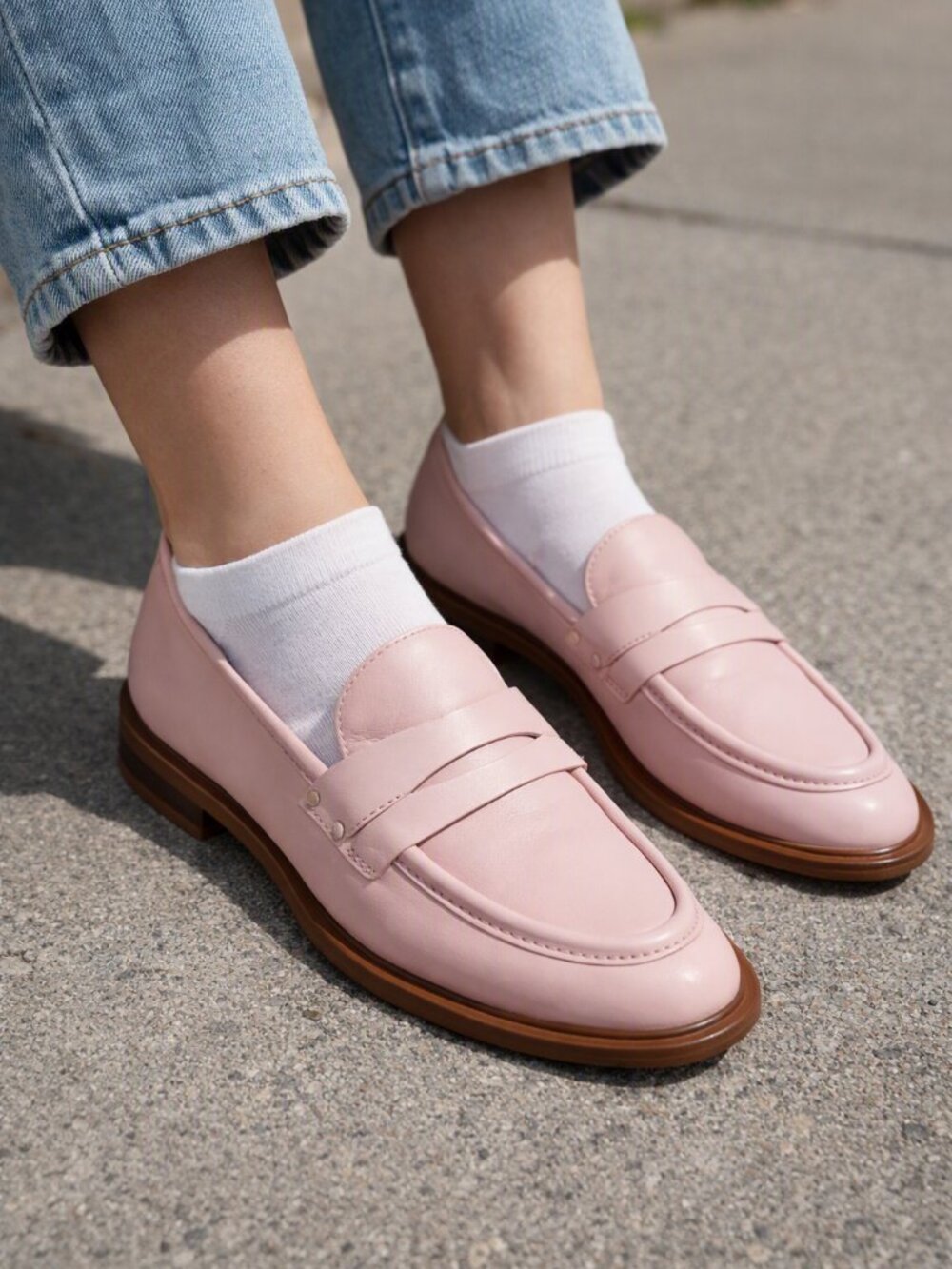 Franco Sarto Blush Pink Leather Penny Loafers with Brown Sole